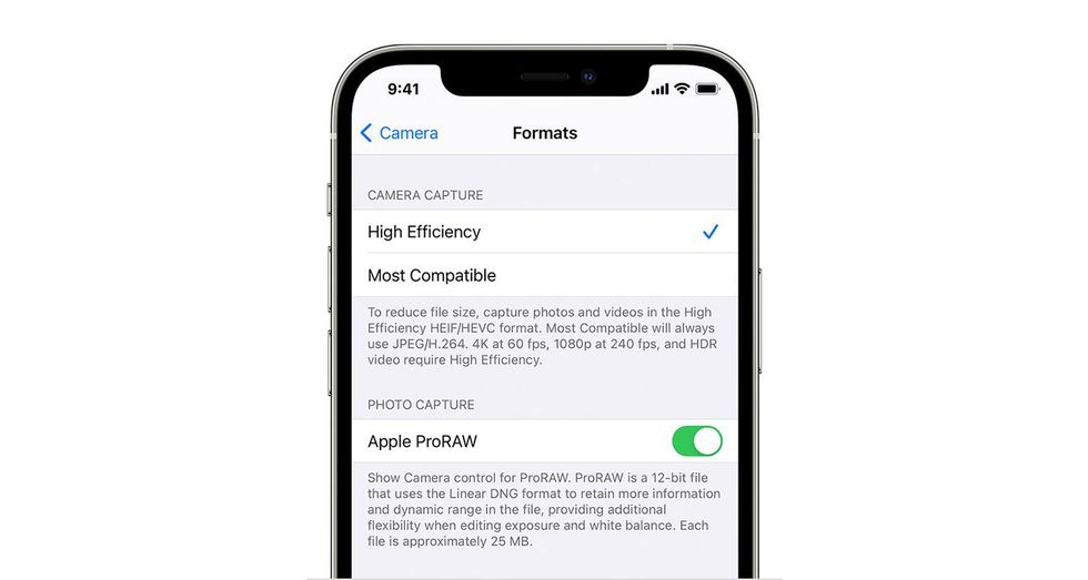 Apple ProRAW setting in iPhone settings app