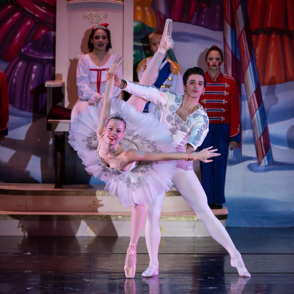 A ballerina in a sparkly white tutu, pink tights and pointe shoes performs a pench\u00e9 arabesque on her left leg and presses her arms back. Photograph: Complexions Contemporary Ballet. That's it,