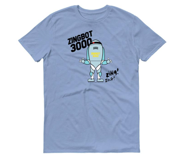 Blue Adult Short Sleeve T-Shirt with Zingbot 3000 graphic