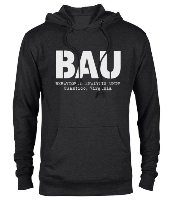Black hoodie with Criminal Minds BAU logo on the front