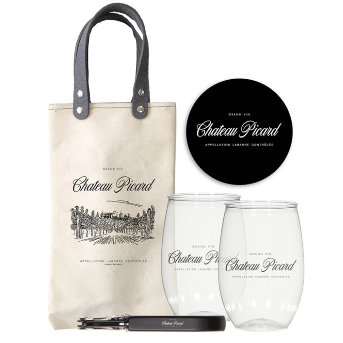 Chateau Picard tote bag with wine glasses and corkscrew