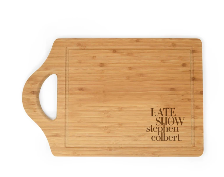 Bamboo Cutting Board engraved with logo of The Late Show with Stephen Colbert