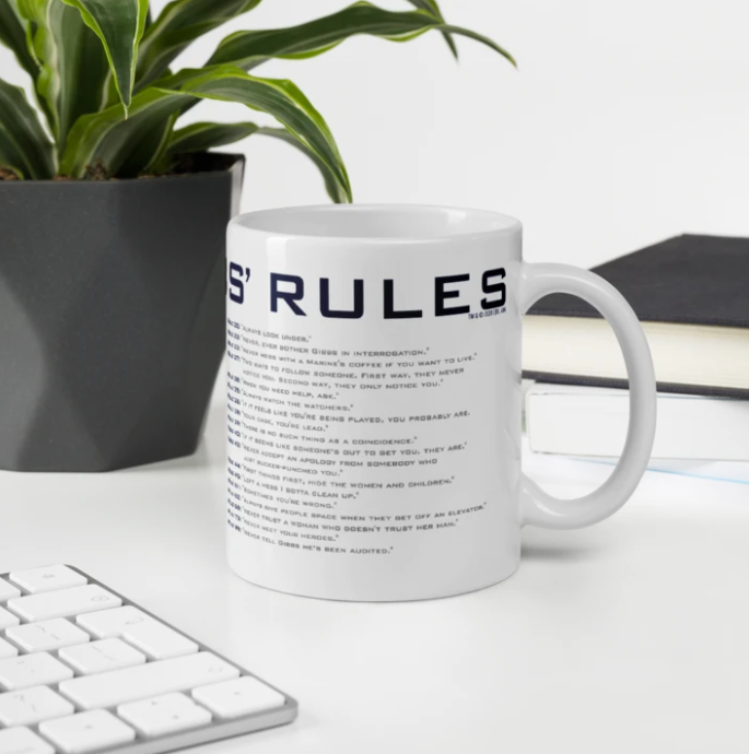 White coffee mug with list of Special Agent Gibbs Rules from NCIS