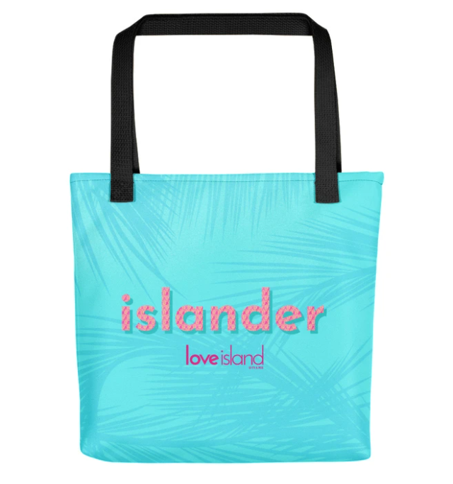 Turquoise tote bag emblazoned with Love Island logo