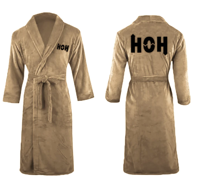 Gold plush bathrobe with HOH logo on the front lapel and across the back