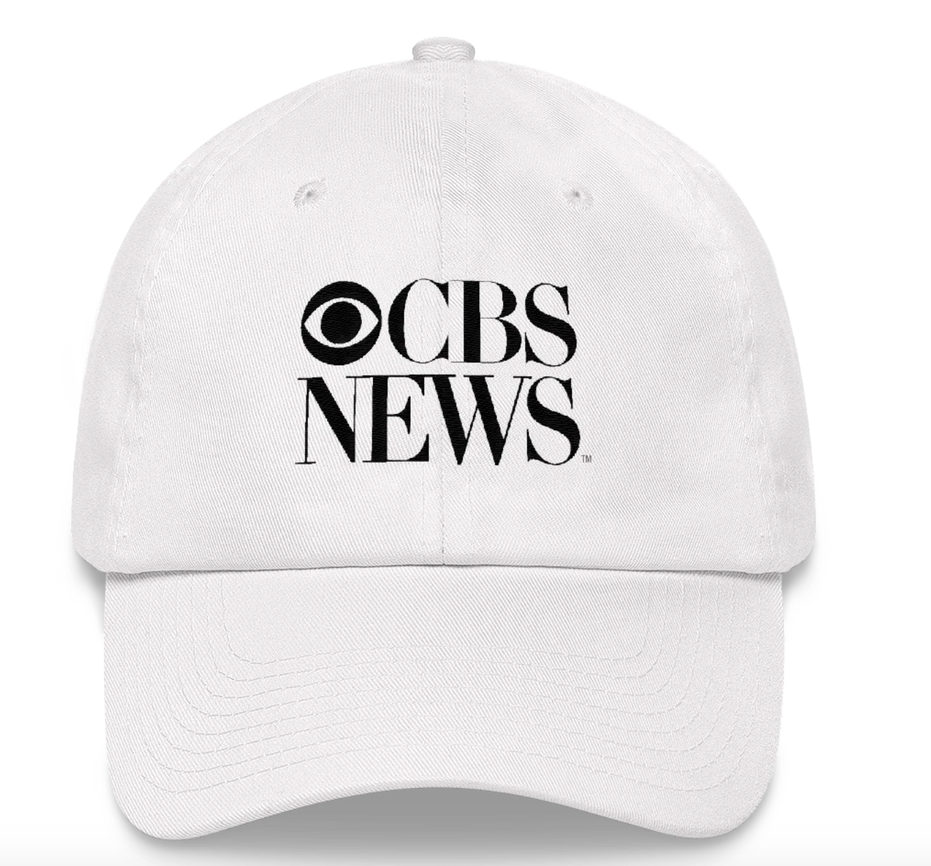 White baseball cap embroidered with CBS News logo in black