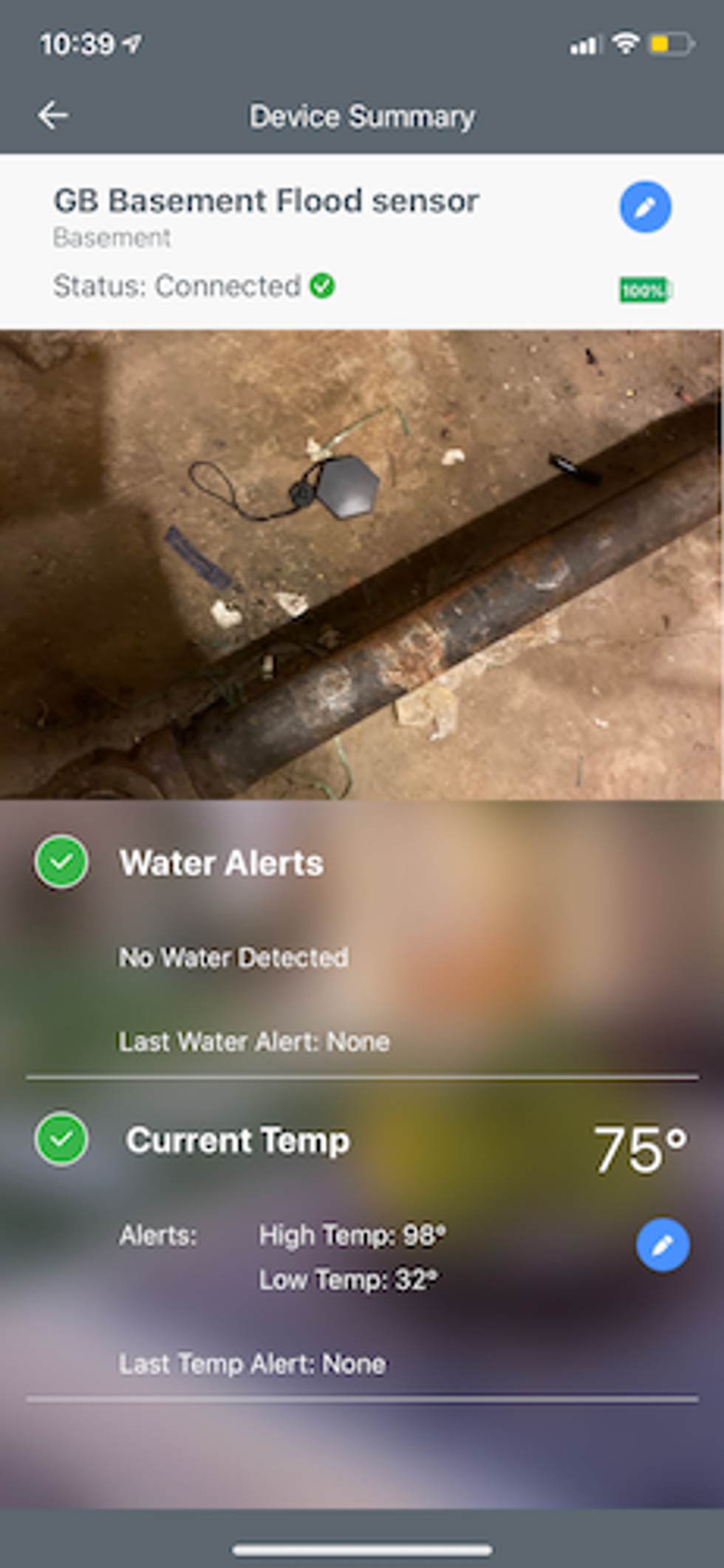 Orbit bhyve smart flood sensor in basement in app