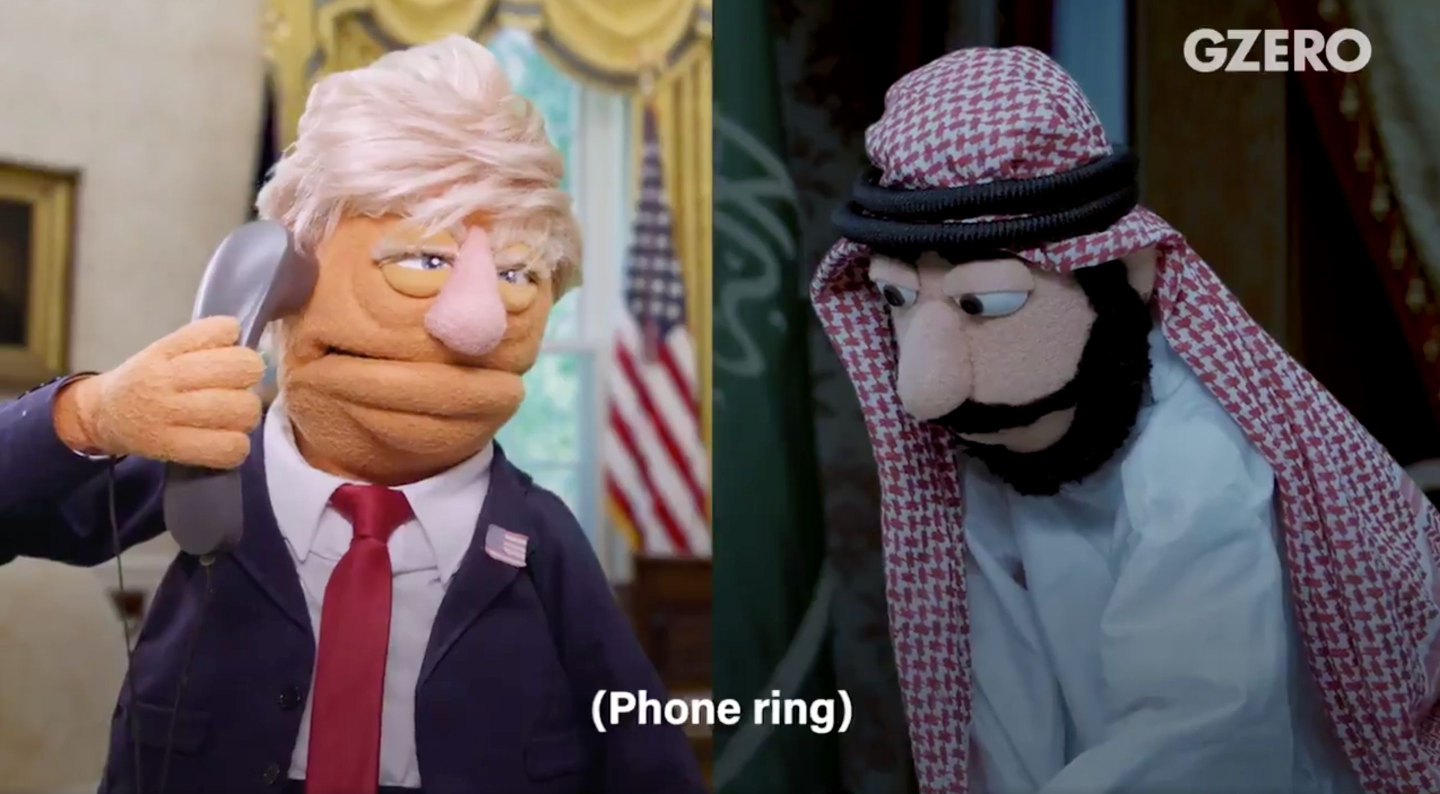 President Donal Trump portrayed as a puppet. 