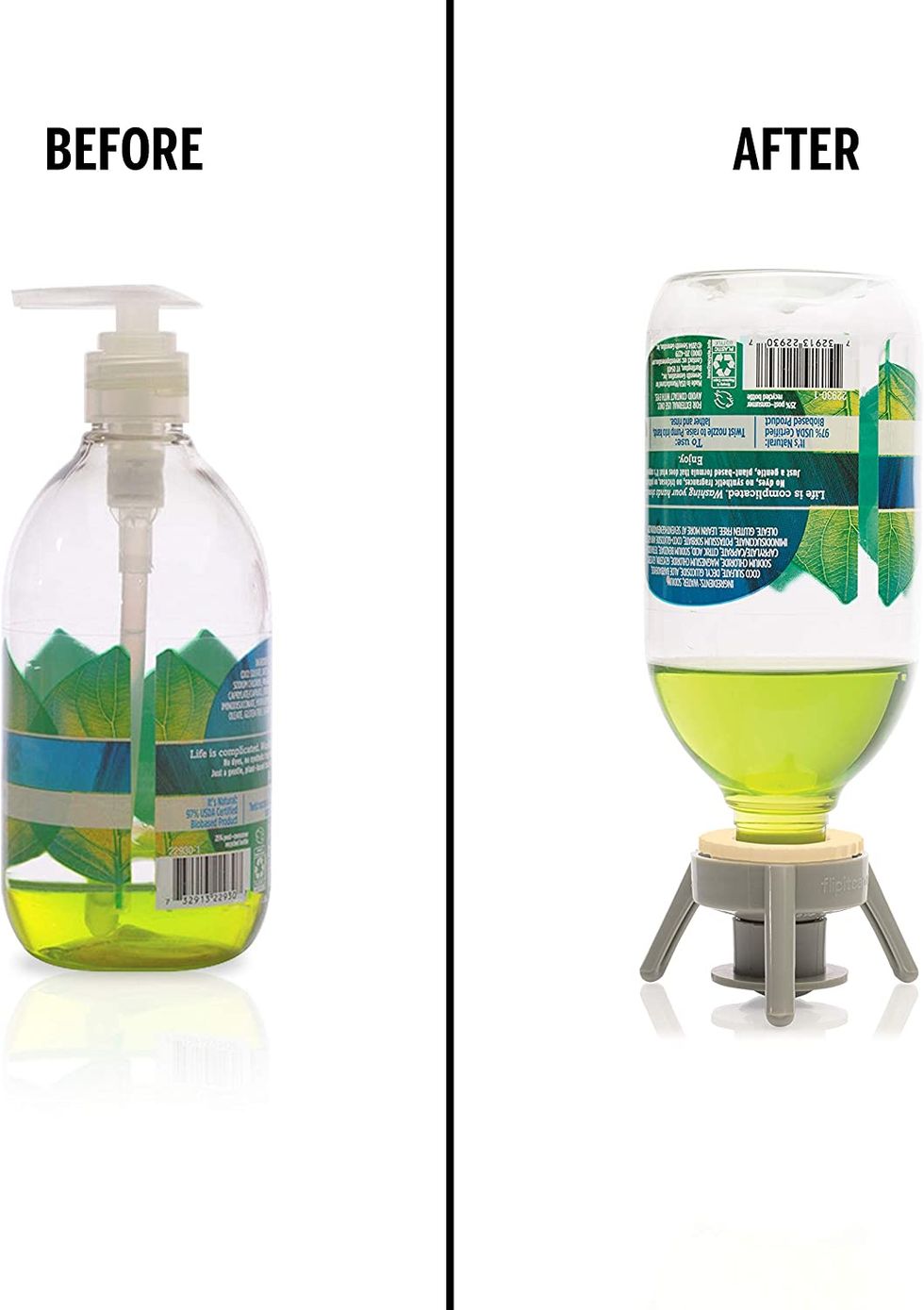 A soap bottle turned upside down to get every last ounce of soap.
