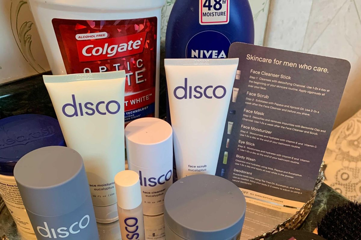 Disco skincare products on bathroom counter