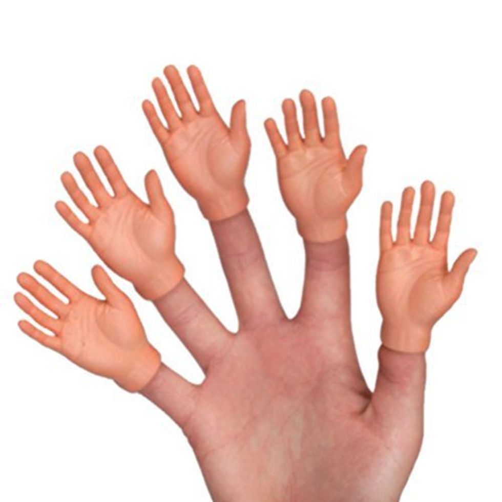 A hand with tiny fake hands on each finger.