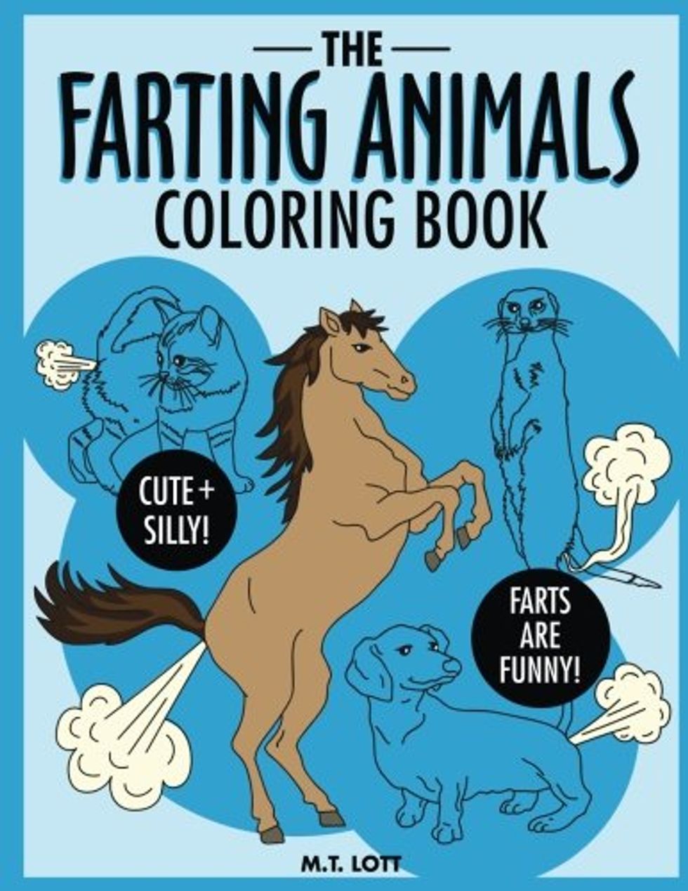 A collection of farting animals on the cover of a coloring book about farting animals.