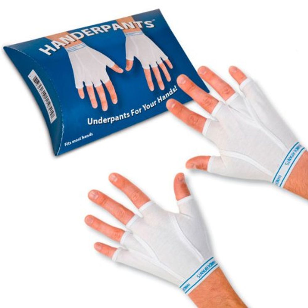 A pair of hands wearing hand underpants.