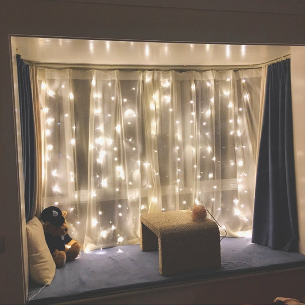LED curtains lighting up a window.
