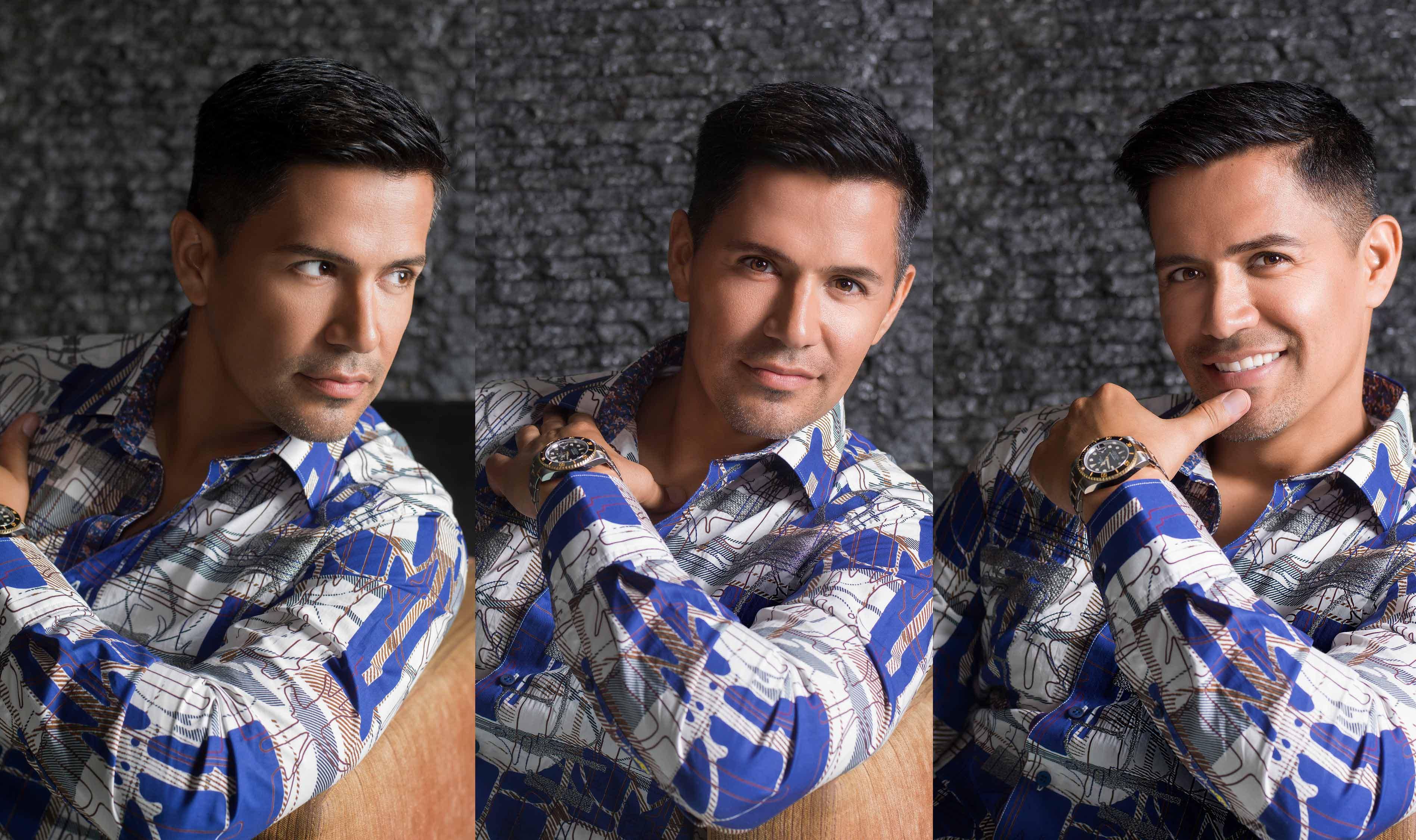 A triptych of Jay Hernandez in a blue print collared shirt