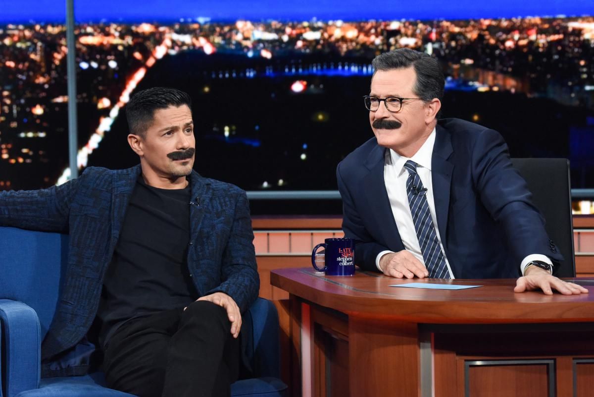 Jay Hernandez and Stephen Colbert sport matching Tom Selleck mustaches on The Late Show with Stephen Colbert