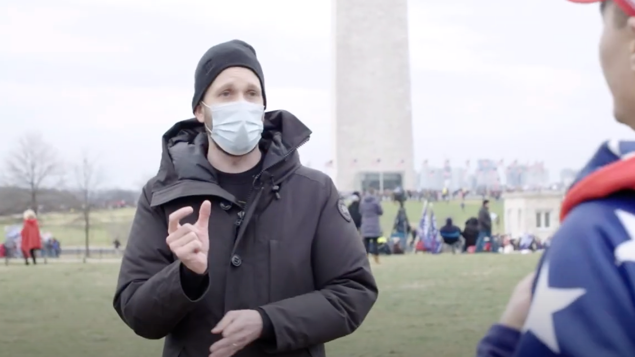 Jordan Klepper interviewing a Trump supporter on the day of the Capitol riots.