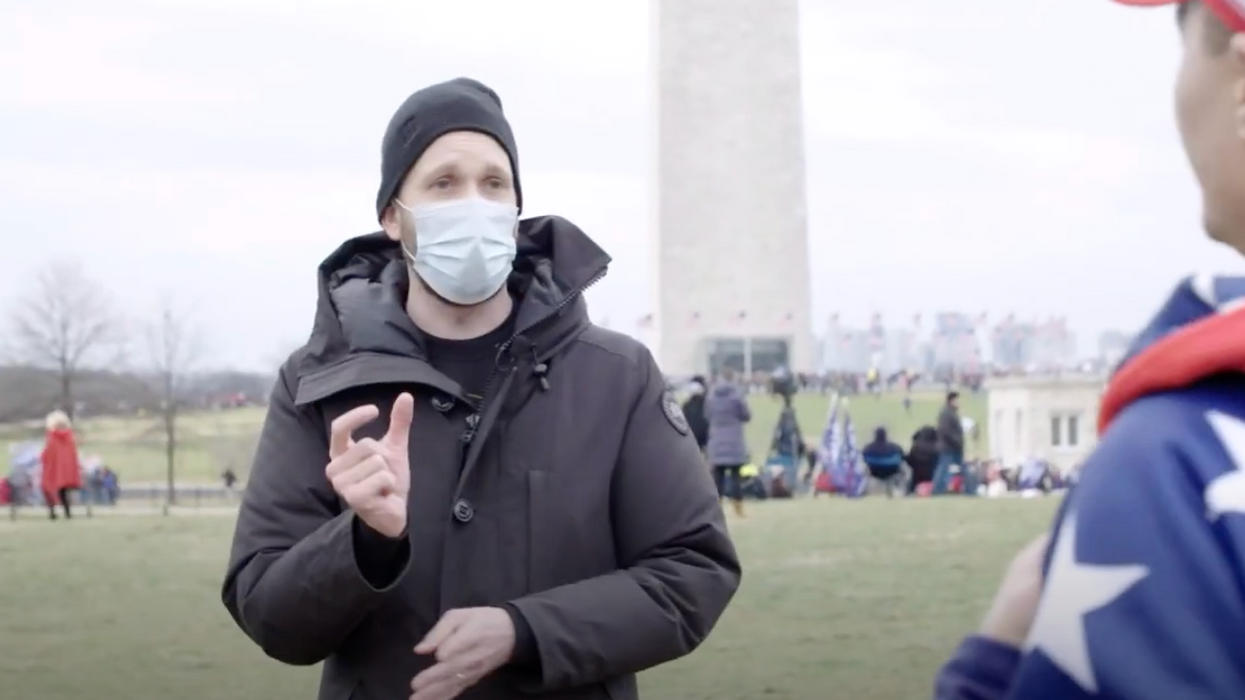 Jordan Klepper interviewing a Trump supporter on the day of the Capitol riots. 