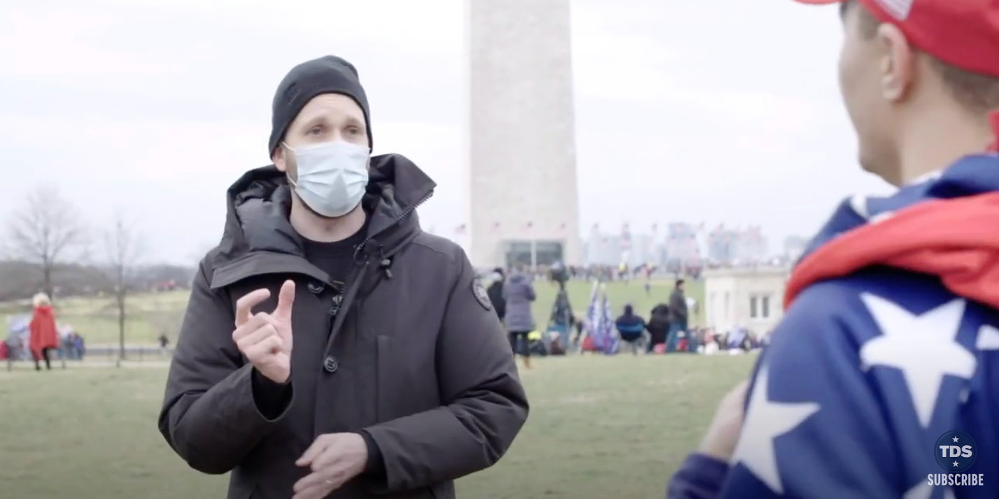 Jordan Klepper interviewing a Trump supporter on the day of the Capitol riots. 
