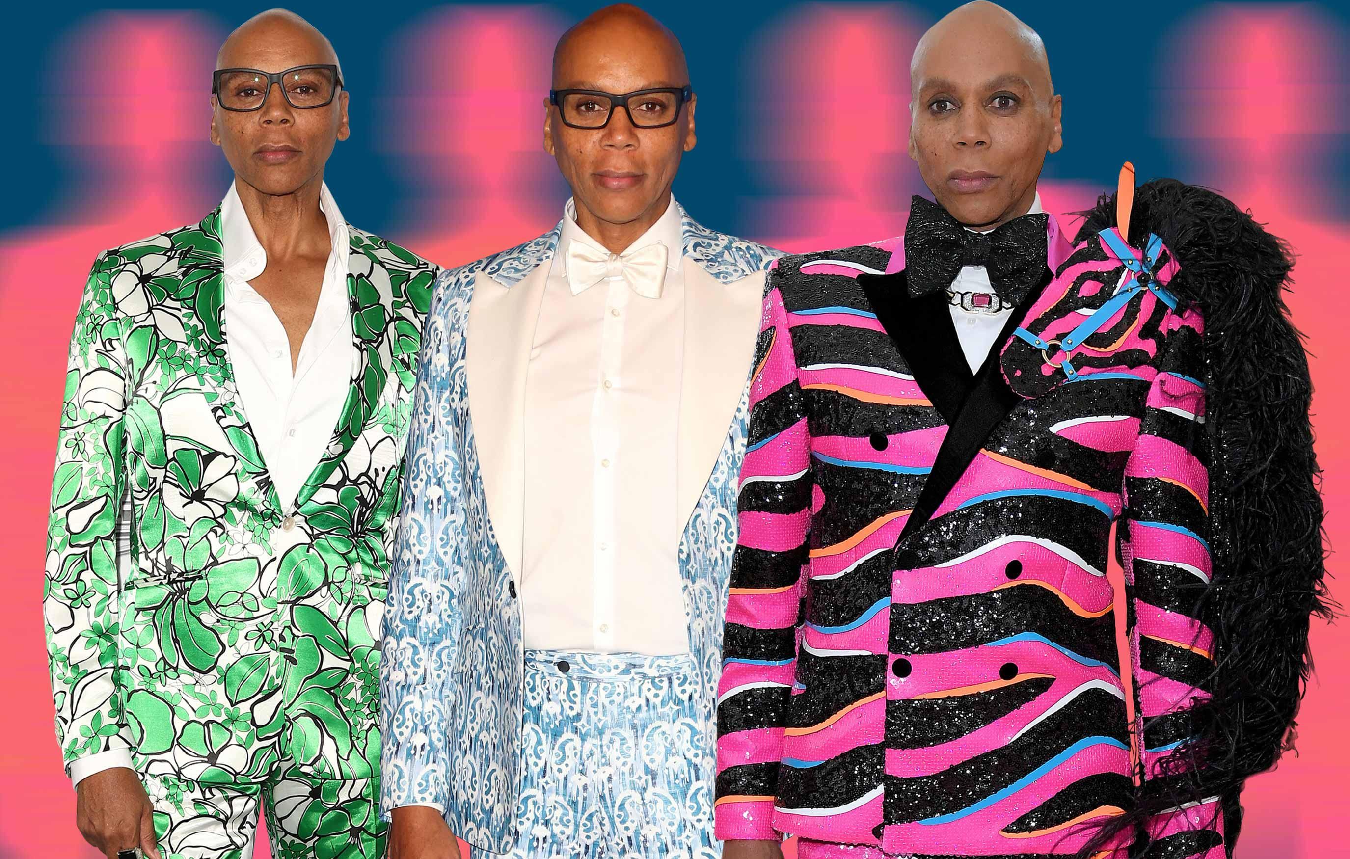 Drag Race star RuPaul wearing 3 different outfits in this composite image.