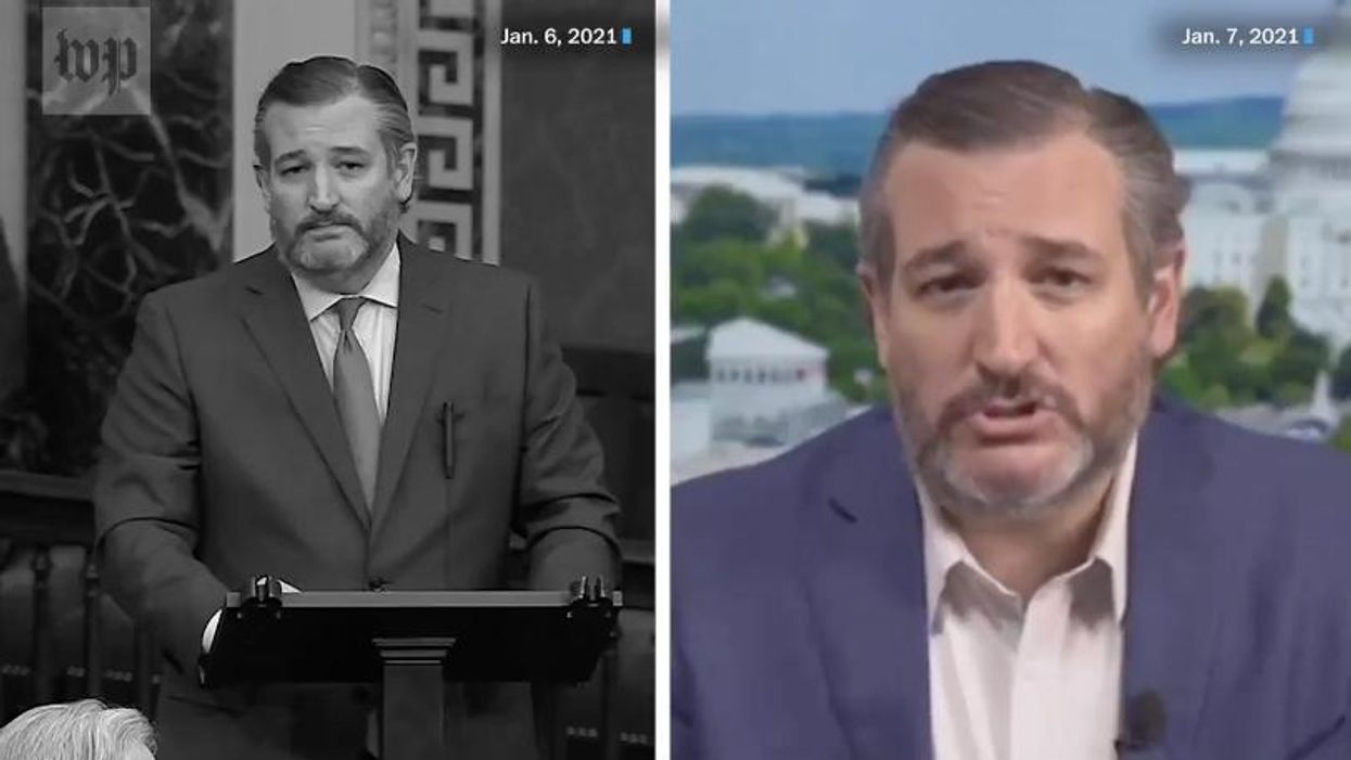 Side-by-side of Sen. Ted Cruz speaking about election fraud. 