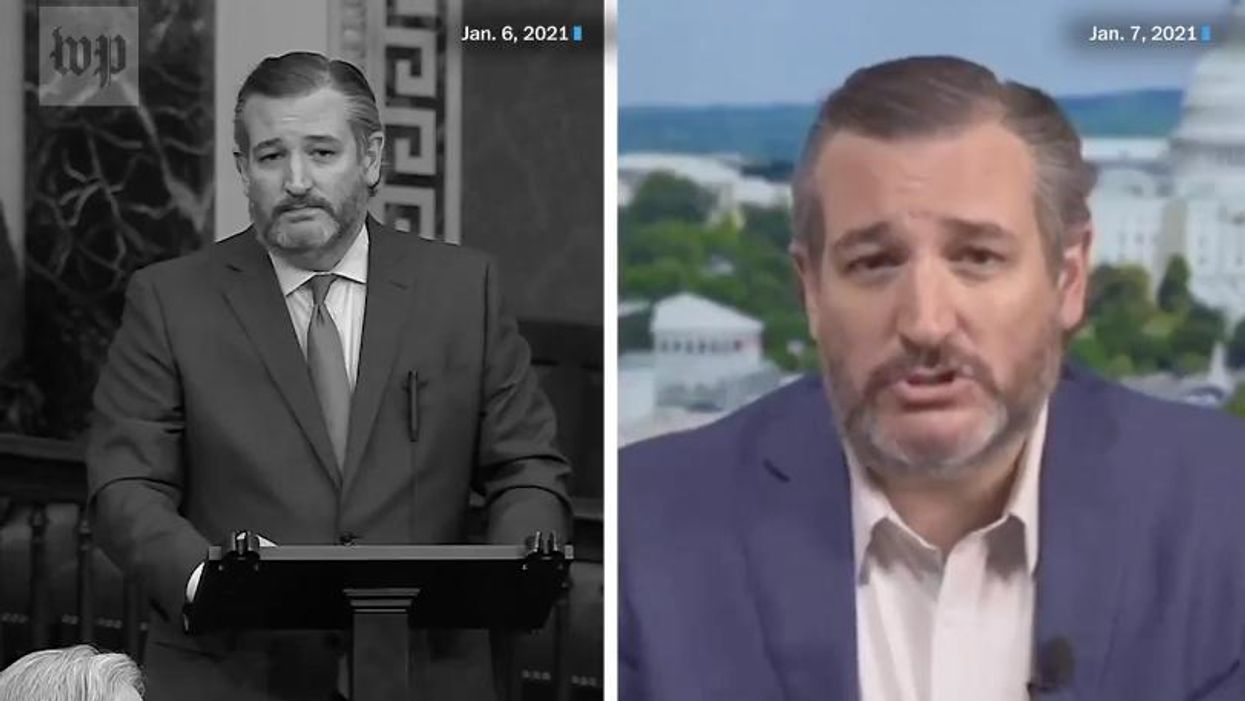 Side-by-side of Sen. Ted Cruz speaking about election fraud.