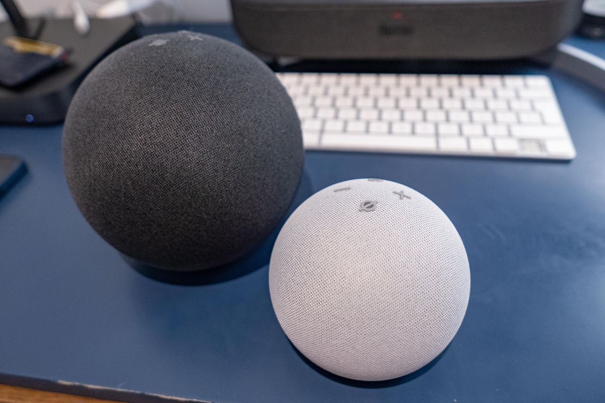 The Amazon Echo Dot (left) and Echo (right)