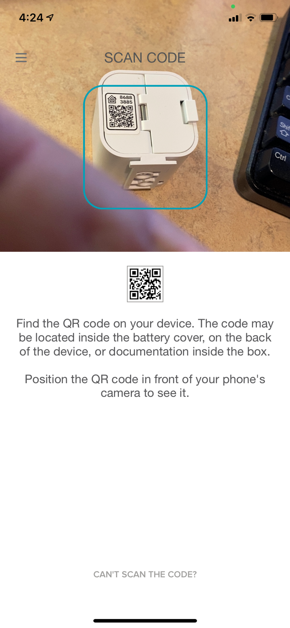 screenshot of Yale app for scanning QR code for instructions.