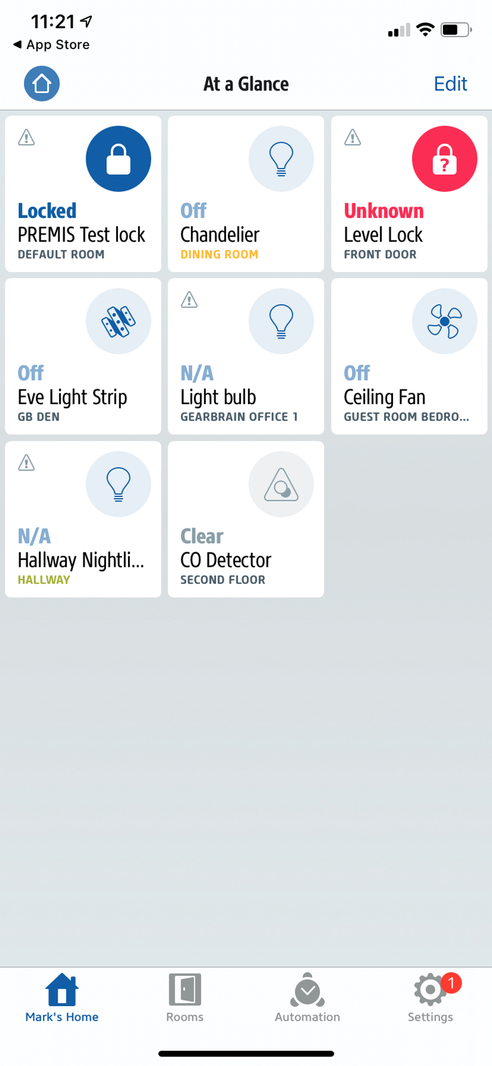 home page in Eve app showing all compatible devices.