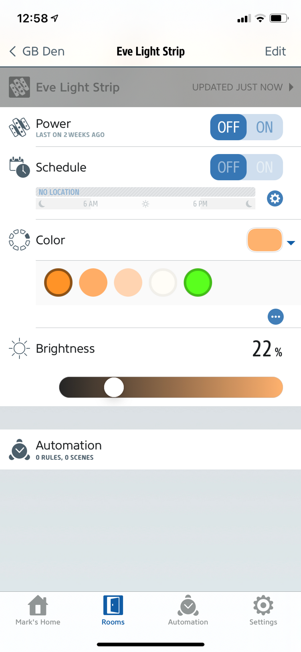 New Eve app shows more controls for Eve smart lights.
