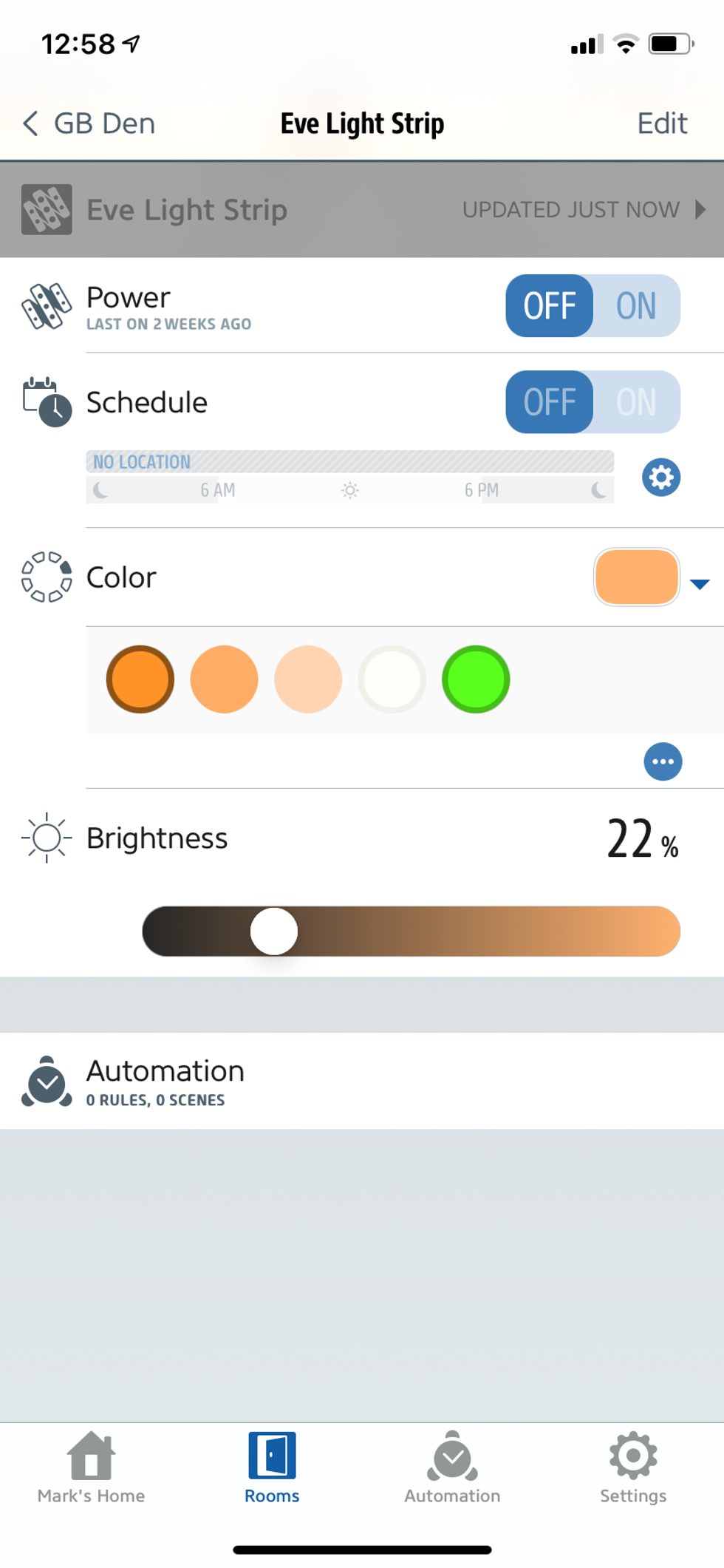 New Eve app shows more controls for Eve smart lights.