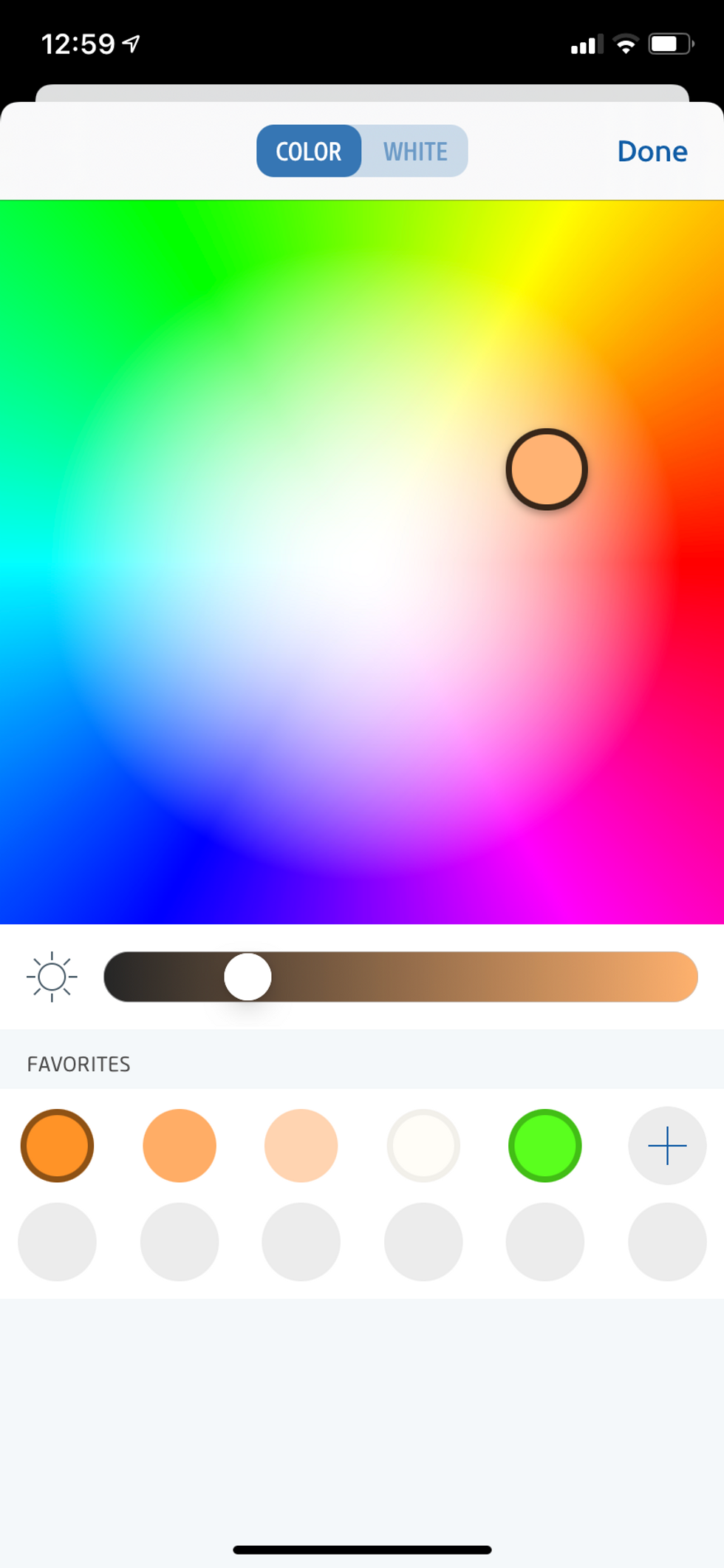 Eve app showing color spectrum for users to use to change light colors.
