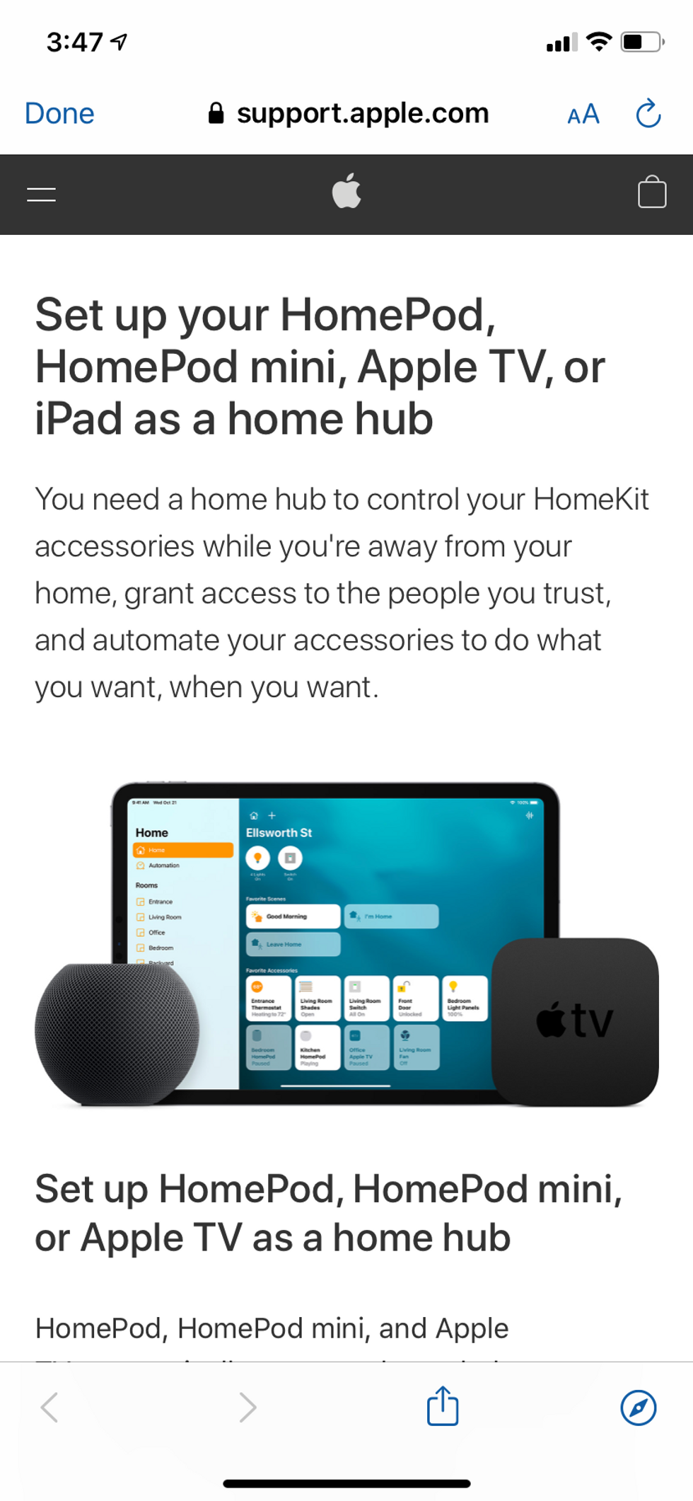 Setup page using HomePod or Apple as home hub.