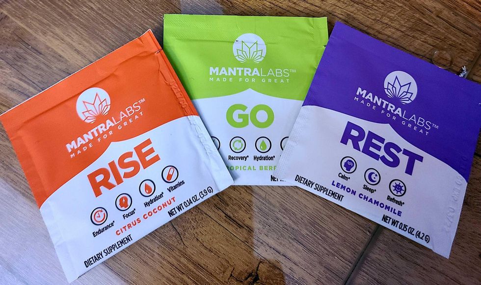 MANTRA Lab's drink powders Rise, Go, and Rest