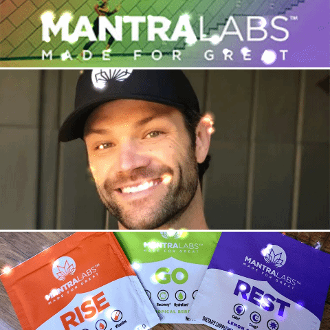 Jared Padalecki next to three packages of MANTRA LAB's dietary supplements
