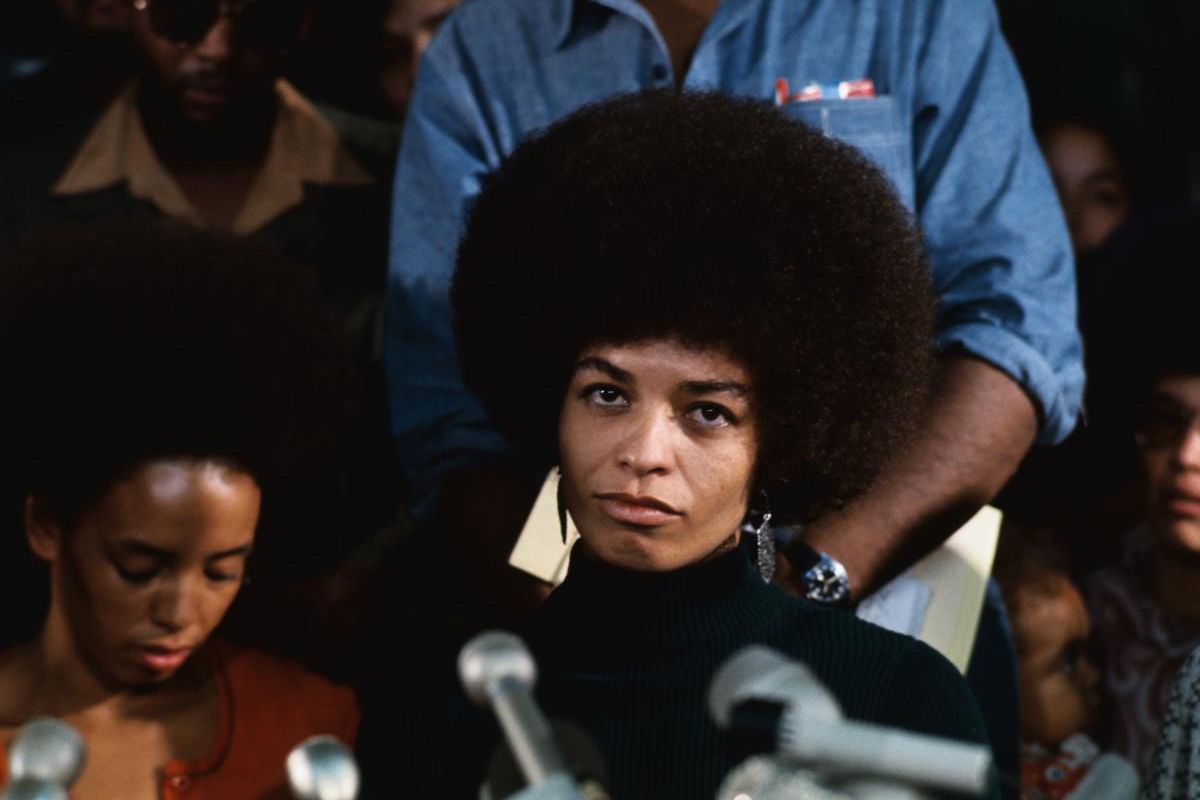 Angela Davis at a press conference in the 1970s