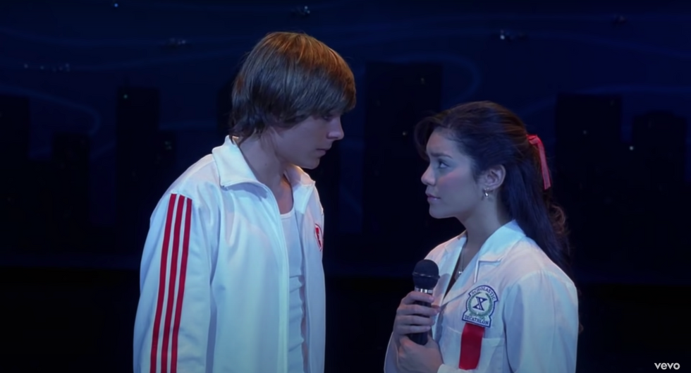 Troy Bolton and Gabriella Montez singing to one another 