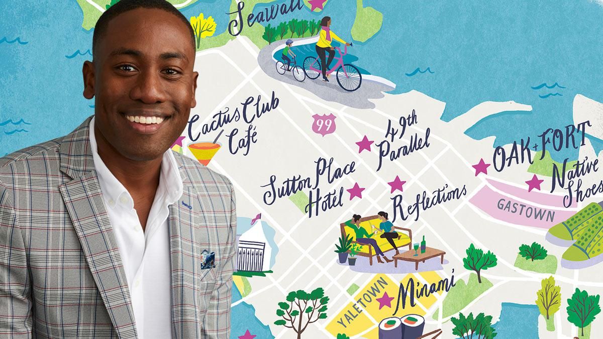 Actor J. Alex Brinson of All Rise poses over a map of Vancouver, British Columbia.