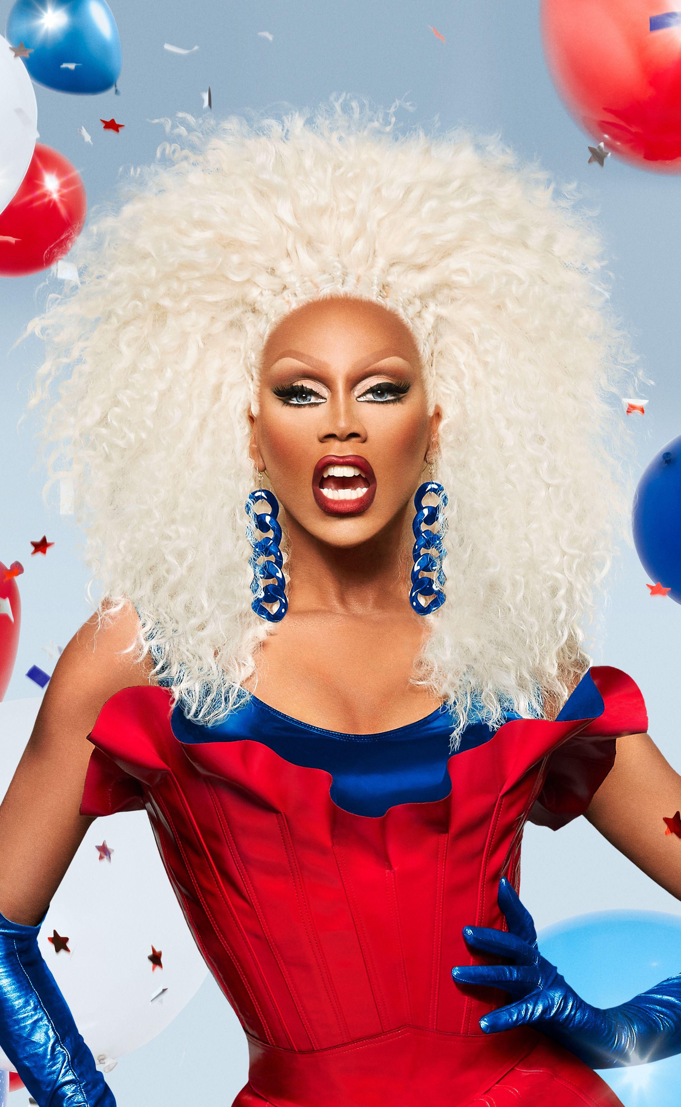 RuPaul dressed in red, white, and blue drag