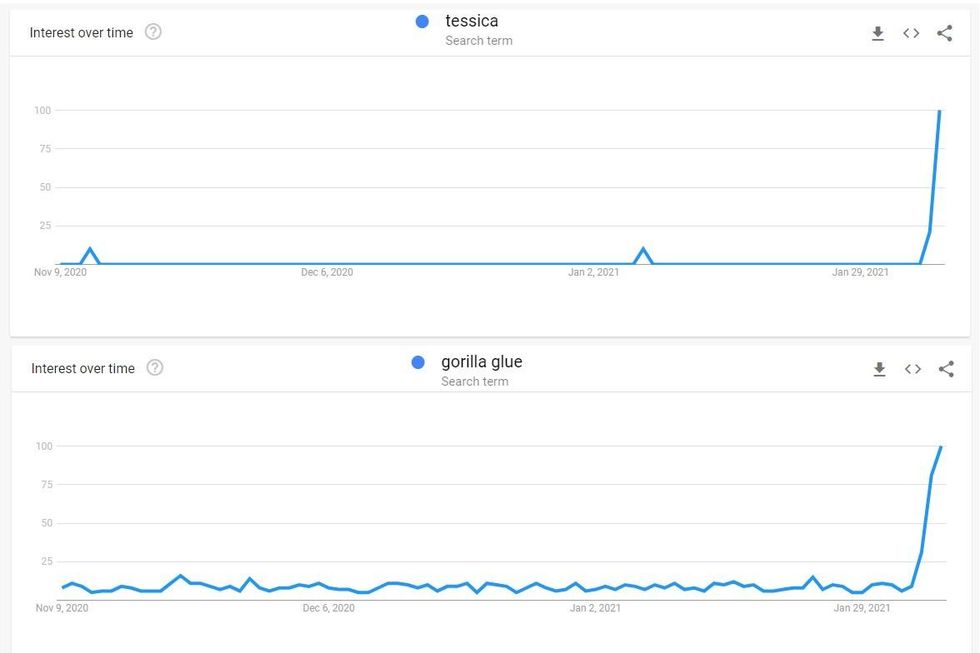 Search Trends for "tessica" and "gorilla glue"