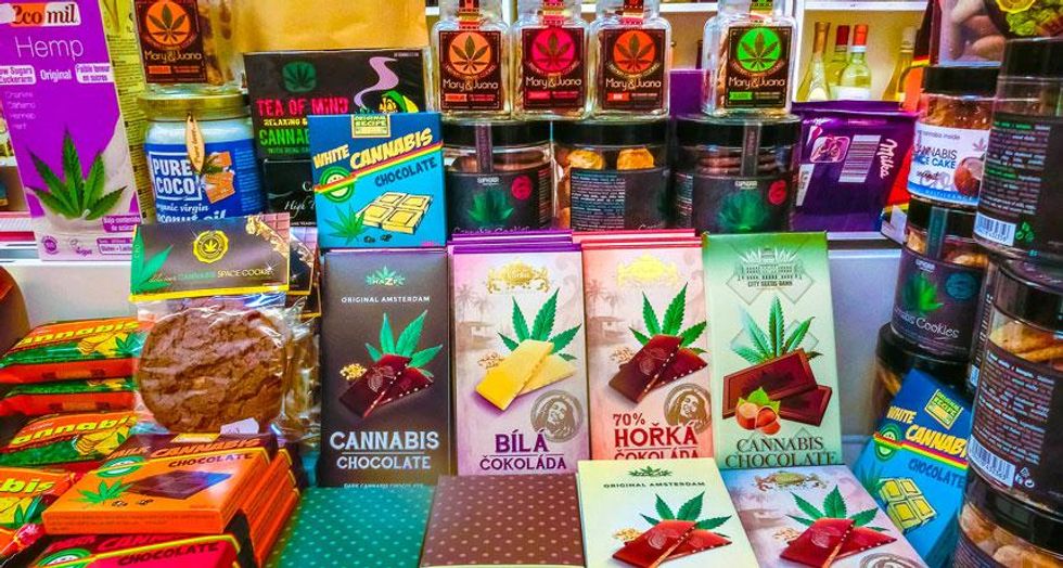 Many different brands of edibles on a table