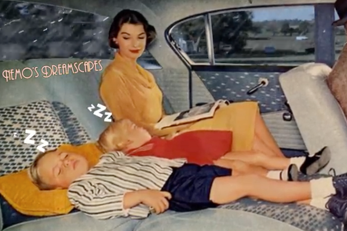 Retro family riding in car