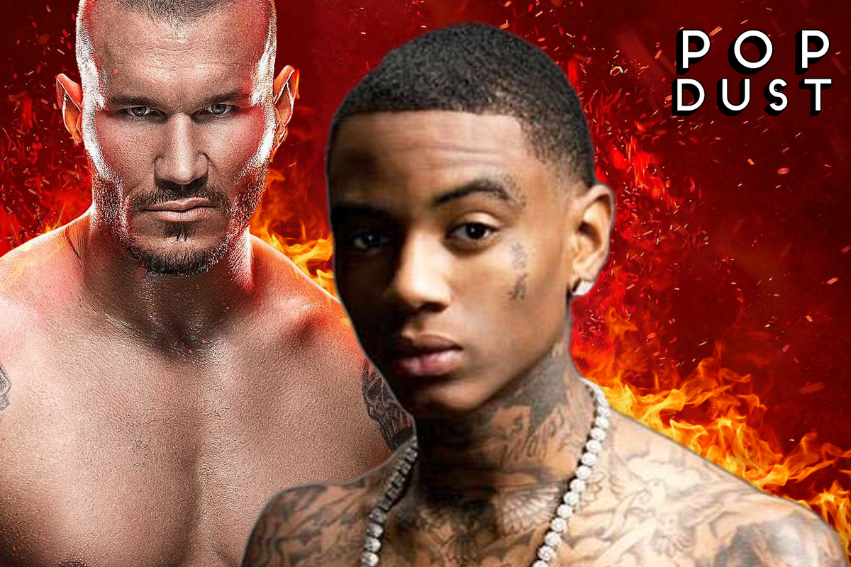 Randy Orton and Soulja Boy in front of a fiery background