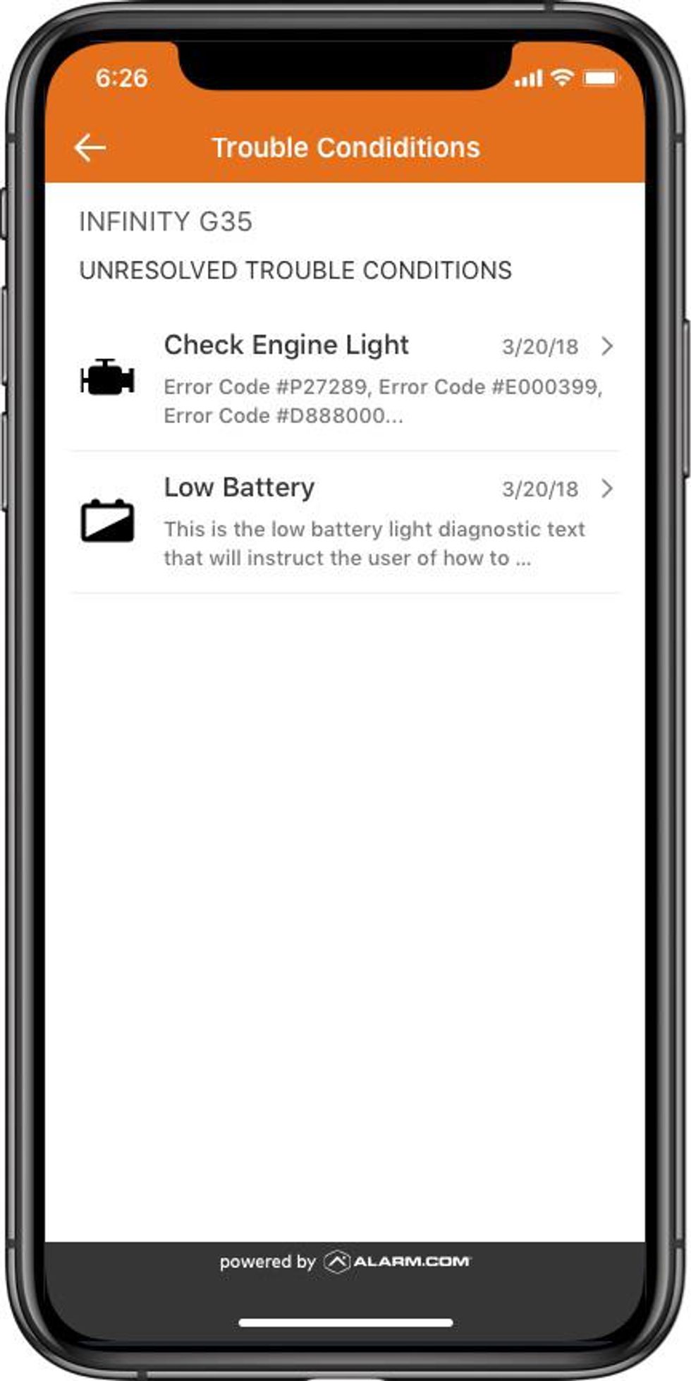 The Alarm.com mobile app with car