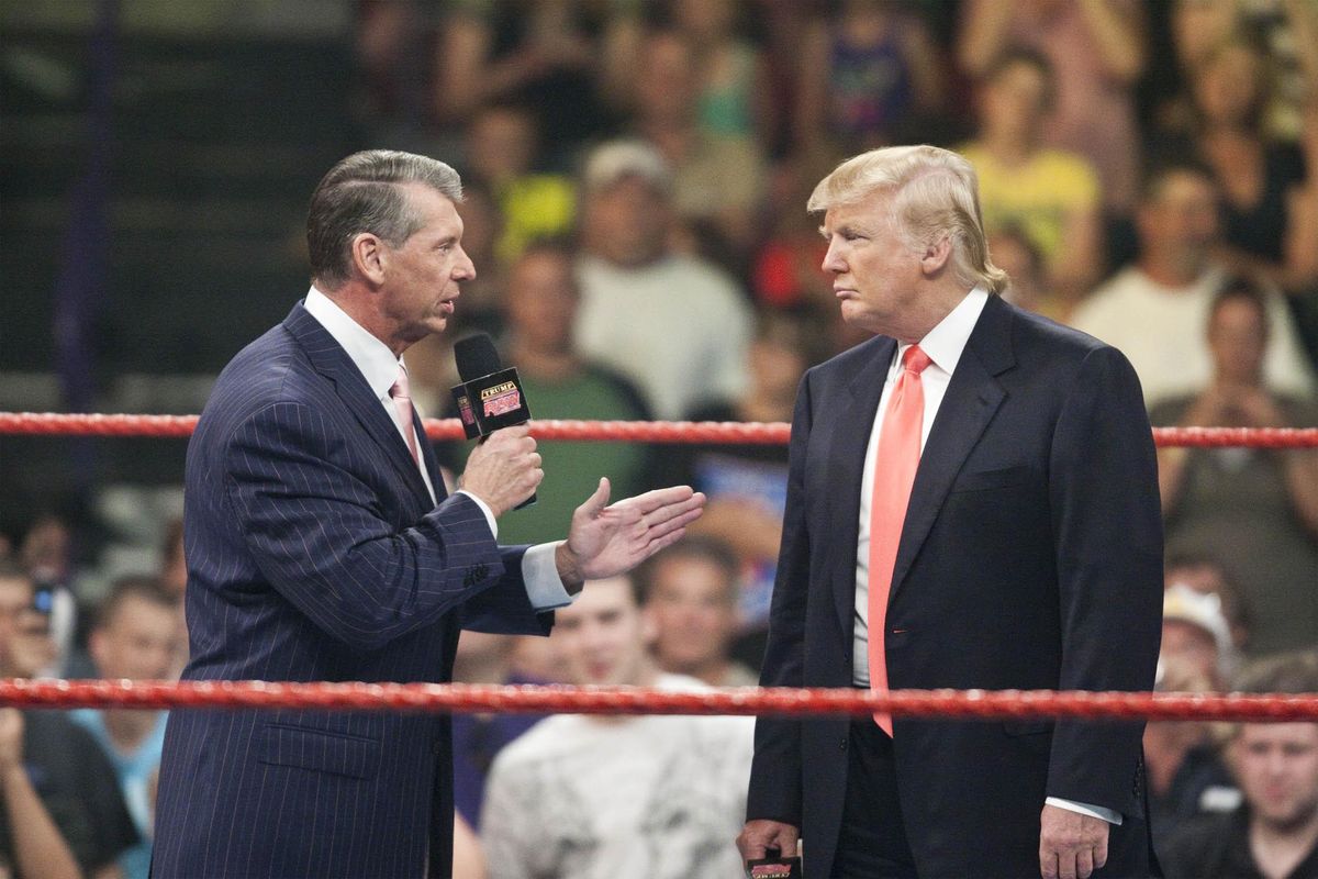Vince McMahon and Donald Trump standing in a wrestling ring