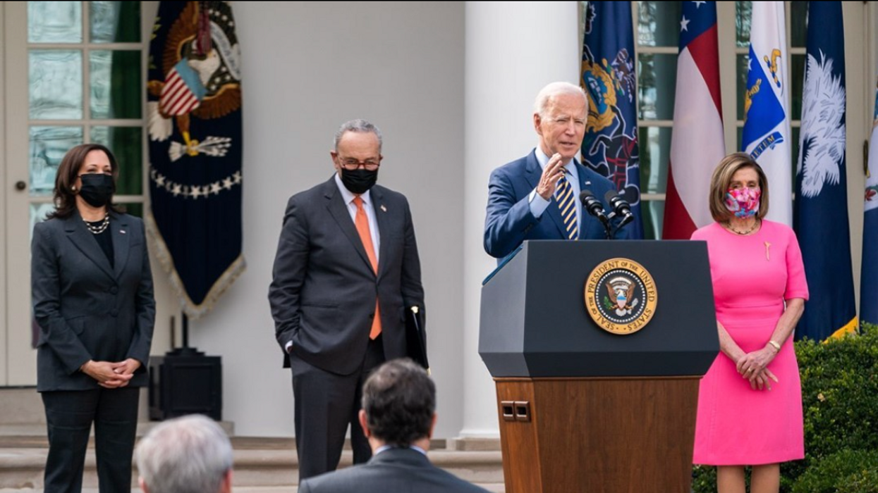 President Biden speaking in front of VP Harris, Sen. Majority Leader Chuck Schumer and House Speaker Nancy Pelosi.