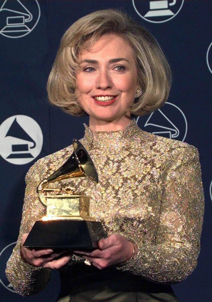 Hillary Clinton holding her GRAMMY