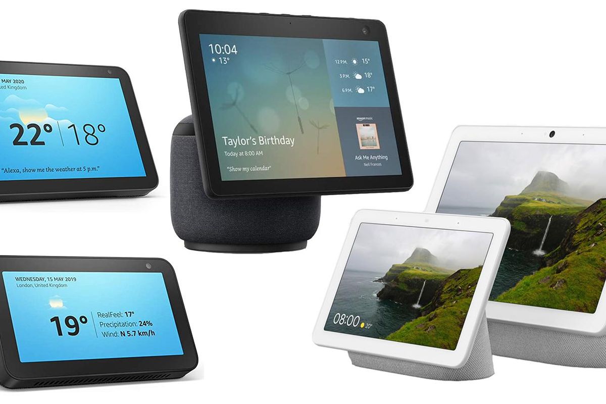 a product shot of smart speaker displays by Amazon and Google
