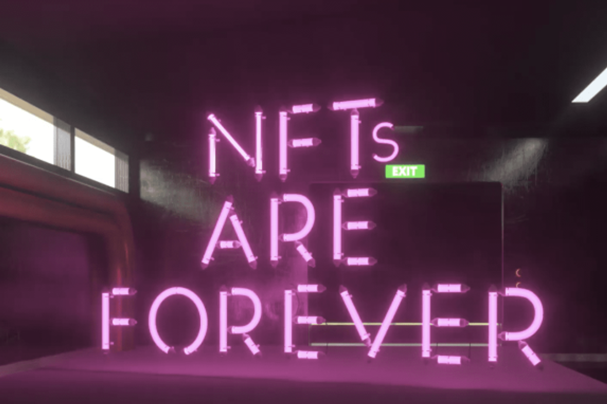Pink neon sign reading "NFTs ARE FOREVER"