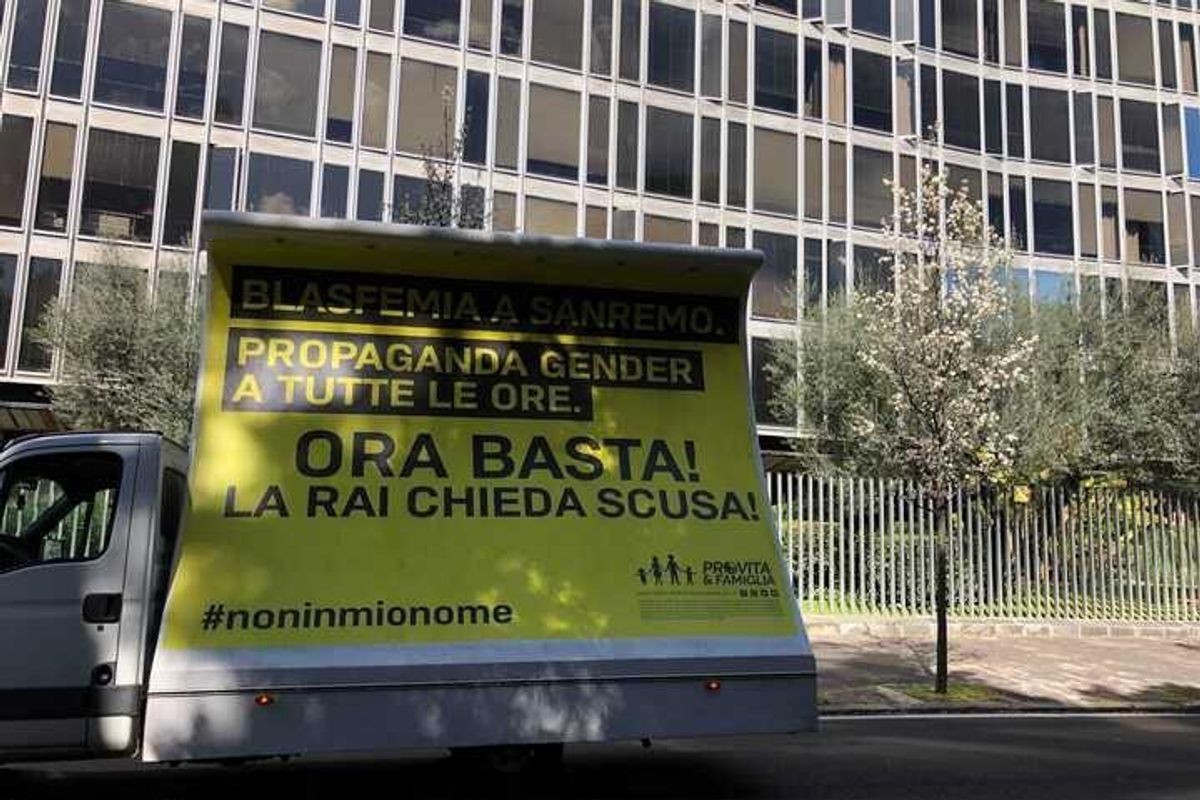 «Saxa Rubra e Viale Mazzini circondati da maxi manifesti contro blasfemia a Sanremo e gender»